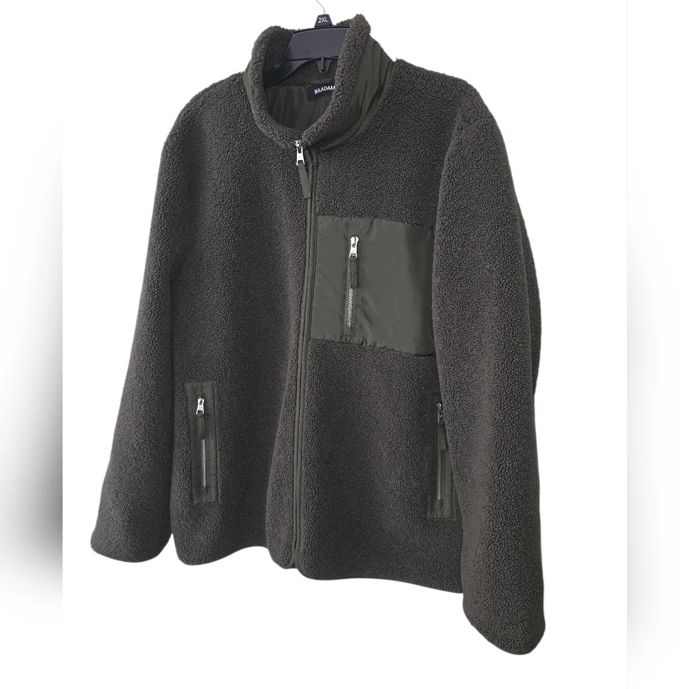 Naadam Mens Fleece Sherpa Zip Up Jacket Dark Olive Green XL NWOT